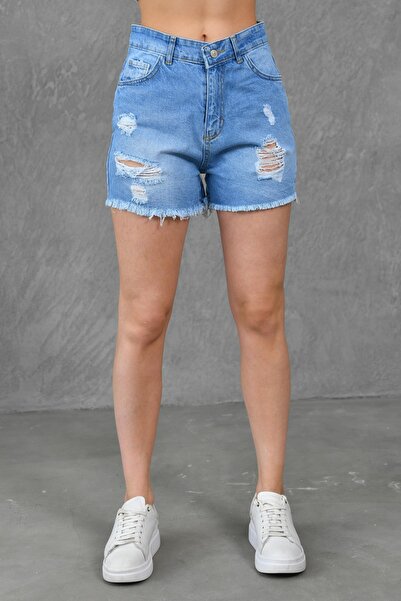 vuvutasarım High Waist Ripped Detailed Blue Jeans Denim Shorts - 70344