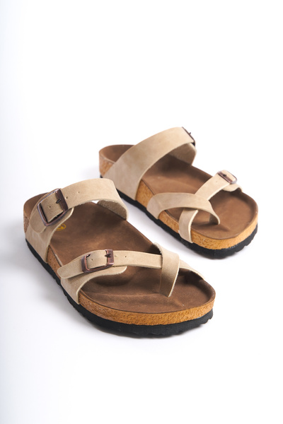 ZİESCE Beige Nubuck Women's Summer Slippers - Flip Flops