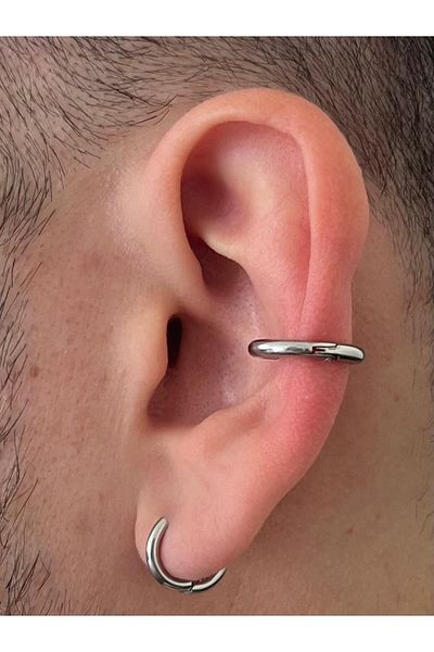 Piercing Market Steel & Silver Unisex Steel Set of 2 Hoop Earrings Compression Earcuff Stainless Anti Darkening Earrings