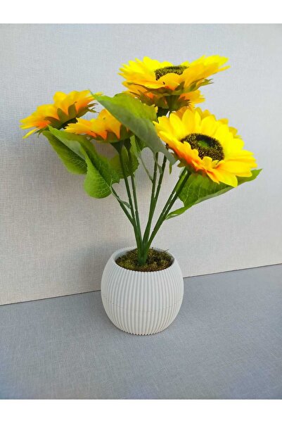 DDPEST Saksı Dahil Yapay Ayçiçeği Demeti 7 Dallı 40 Cm No:3 Bej Saksıda Ayçiç...