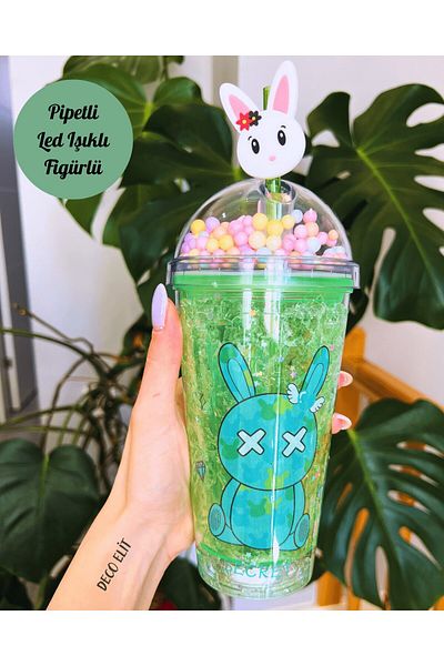 Deco Elit Green 450 ml Led Lighted Mica Water Bottle - Double Layer, Water Bottle with Straw, Frosted Glass Look