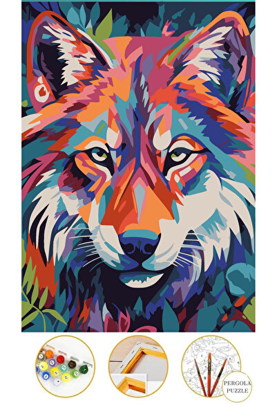 Puzzle Sayılarla Boyama Kurt Tablo 35x50 Cm Tuval Kasnak Boya Fırça Hediyeli