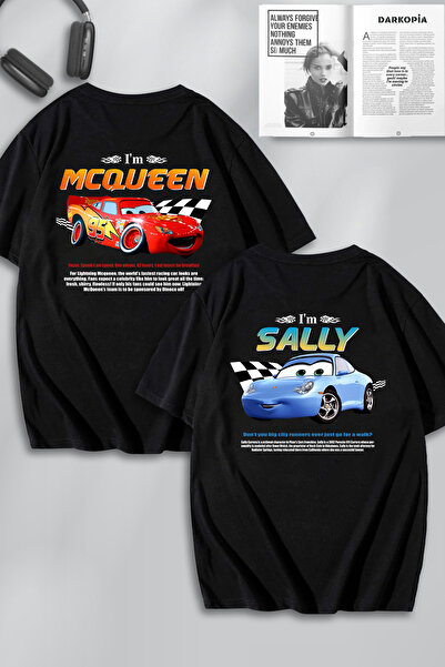 darkopia Unisex Cars Şimşek McQueen ve Sally SIRT Baskılı Sevgili Çift Kombini Tasarım Oversize Tshirt 2'li