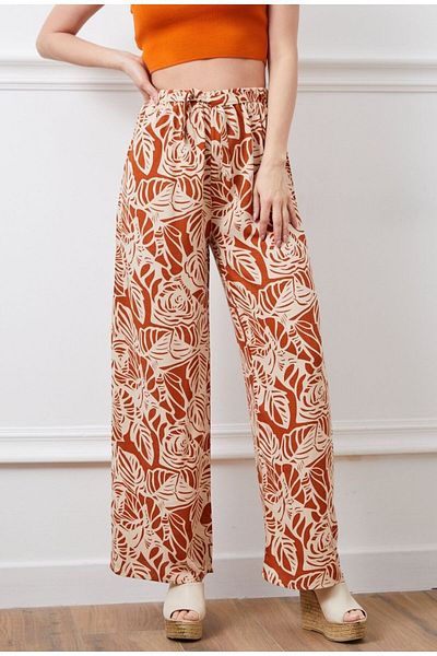 Alegante Linen Brick Color Patterned Women's Trousers - Trendy with Elastic Waist