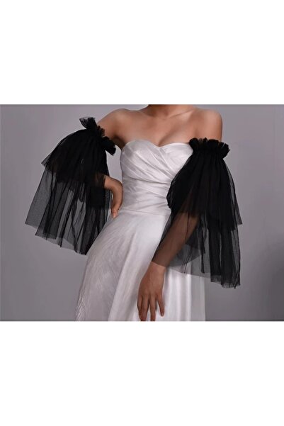 es moda shop كارينا أسود - أكمام طويلة من التول بطبقتين