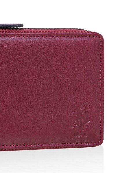 U.S. Polo Assn. U.S.Polo Assn. 23748-23747-23749-23746 Zippered Genuine Leather Wallet Card Holder Claret Red