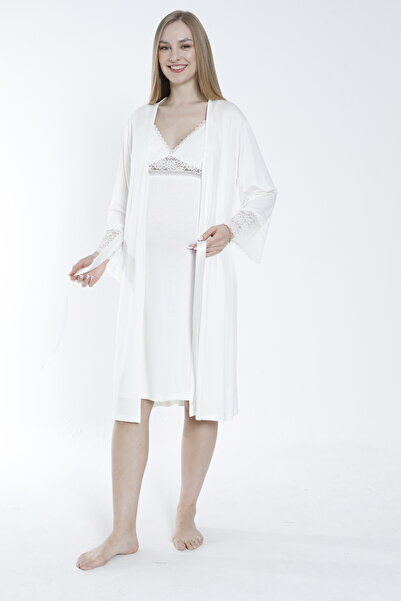 Miss Dünya Lissa Lace Midi Nightgown and Dressing Gown Set for Pregnant and Maternity