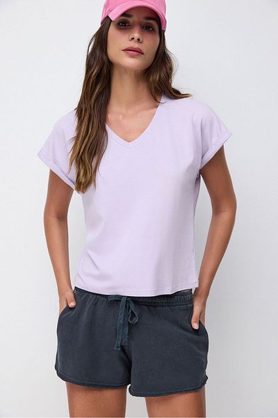 No Matter What V-Neck Soft Fabric - Short Sleeve and Fold Detail T-shirt