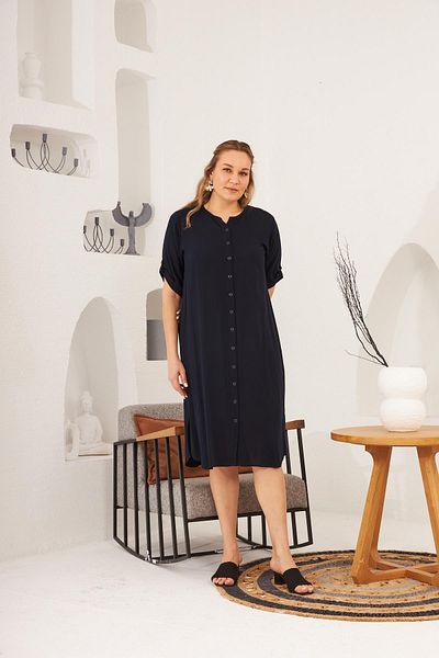 RMG Navy Blue Plus Size Dress - Buttoned and Sleeve Detailed