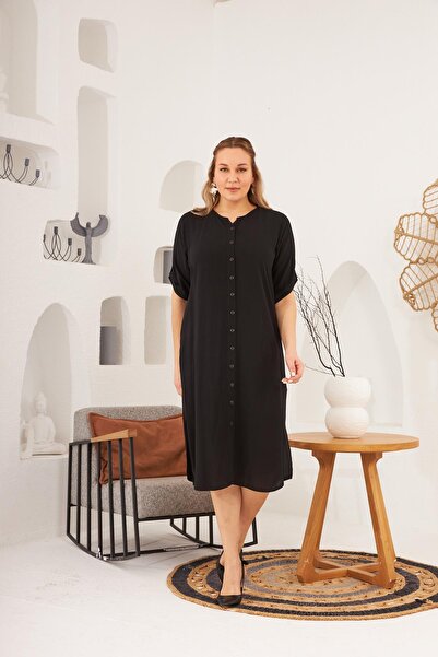 RMG Plus Size Black Dress - Buttoned and Sleeve Detailed