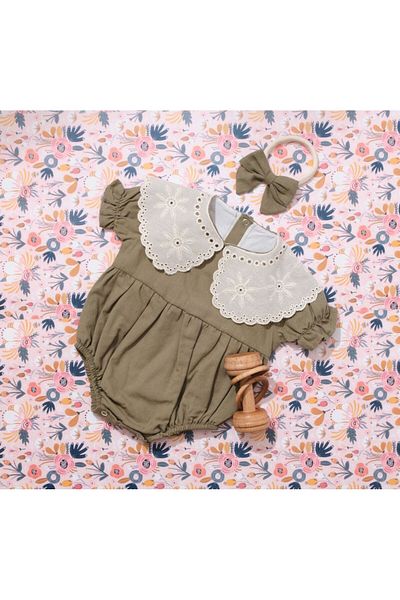 Little Ya Ya Love LUCIA Linen Romper - Scallop Baby Collar and Bandana Detail