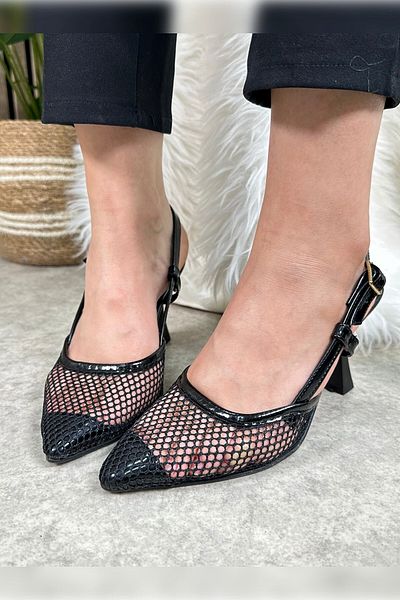 İmerShoes Rochie de seară neagră cu toc subțire - lejer, plasă, spate deschis, cataramă reglabilă - 923