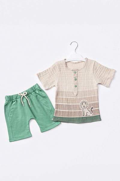 ADABEBEK 2-Piece Muslin Set for Baby Boy - Buttoned Front, Pocket and Elastic Waist Lion Pattern 503