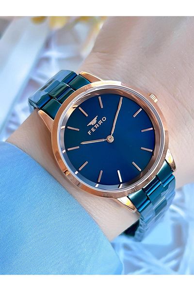 FERRO Navy Blue/Rose 3 Atm Water Resistant Special Design - Women's Steel Band Wristwatch BF21124AWT-T