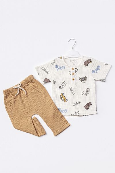 ADABEBEK Cars Patterned Muslin Set of 2 for Baby Boy - Front Buttoned and Elastic Leg 504