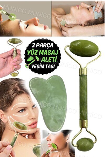 Munico Jade Roller ve Gua Sha Seti %100 Doğal Yeşim Taşı Yüz Rulosu Yaşlanma ...