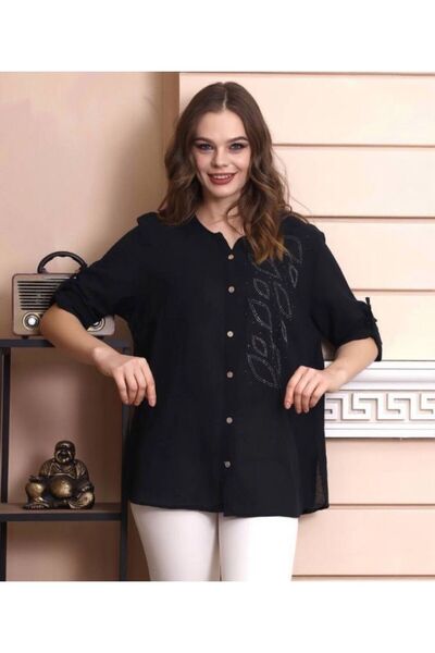 NUR TEKSTİL kadın siyah %100 şile bezi pamuk Kumaş düğmeli  taş baskı  gömlek
