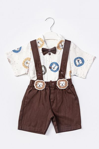 ADABEBEK Lion Embroidered Muslin Shirt Baby Set - Bow Tie Salopet 501