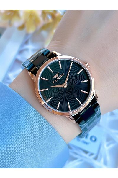 FERRO Black/Rose 3 Atm Special Design - Women's Steel Band Wristwatch BF1928AWT