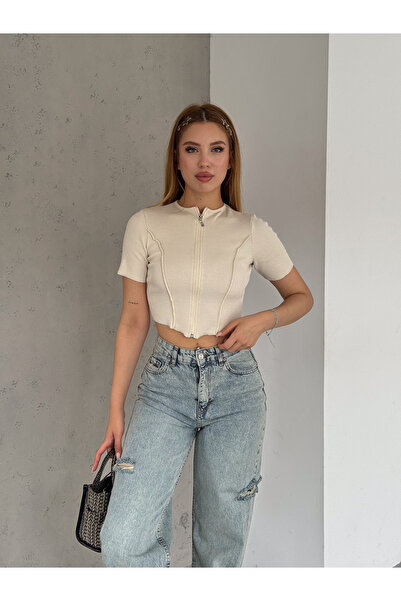 QUTTA Μπεζ Κοτλέ Crop Body - Αντίστροφη ραφή, κοντό μανίκι και λεπτομέρεια με φερμουάρ