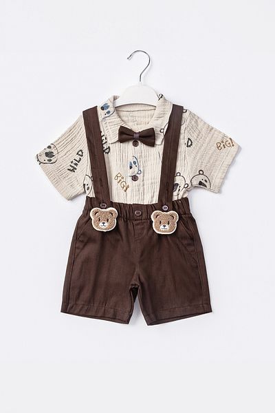 ADABEBEK 500 Model Bow Tie Muslin Baby Set - Teddy Bear Embroidered and Shirt Slopet Set