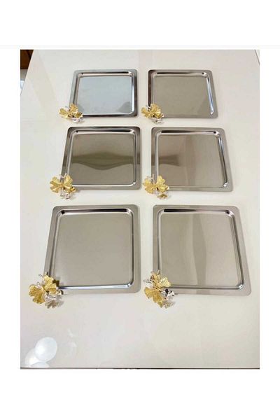 LSH LUSSO Luxury Square Butterfly Patterned 6-Piece Titanium Plated - Tea, Coffee, Treat Presentation Tray