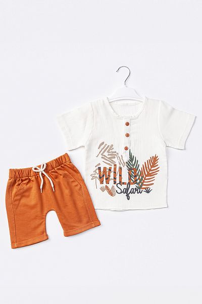 ADABEBEK Baby Boy Set - Front Button, Elastic Waist, Palm Safari Pattern 502