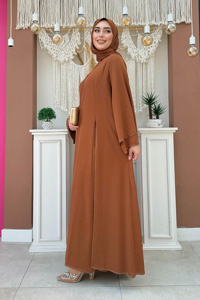 Bym Fashion Stone Embroidered Dress and Abaya Set - 3873 Tan