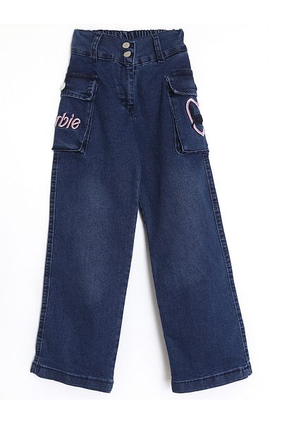 DobaKids Girl's Jeans - 6-10 Years, Embroidery Detail and Cargo Pocket, Navy Blue