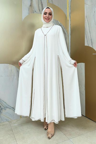Bym Fashion Ecru Stone Embroidered Dress and Abaya Set - 3873