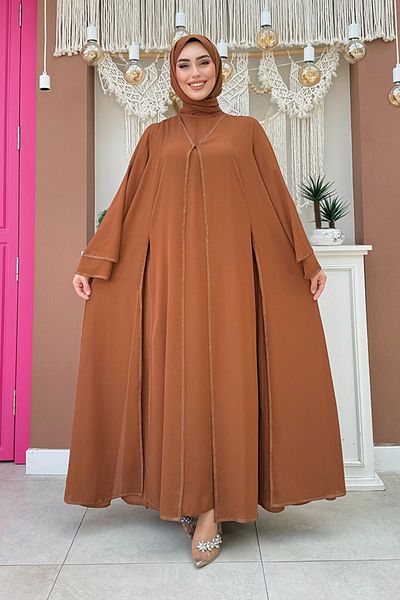 Bym Fashion Πέτρινο Κεντητό Φόρεμα και Σετ Abaya - 3873 Tan