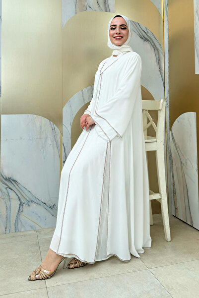 Bym Fashion Ecru Stone Embroidered Dress and Abaya Set - 3873