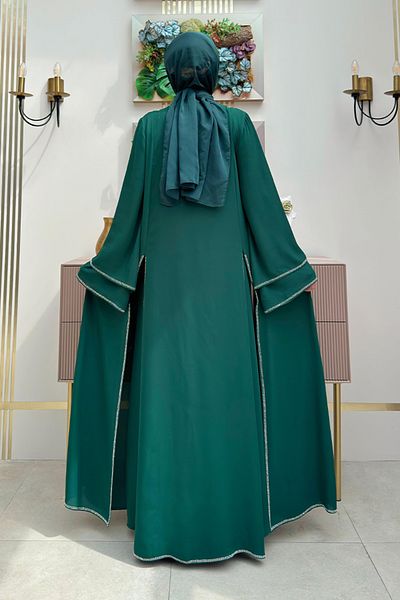 Bym Fashion Emerald Stone Embroidered Dress Abaya Set - 3873