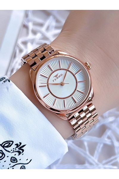 FERRO 3 Atm Water Resistant Rose Gold Steel Band Women's Wristwatch - BF21152AWT-C