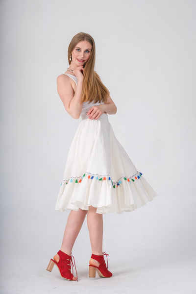 İna Doğal Pamuklu Kumaştan Krem Renginde Yazlık Bohem Etek