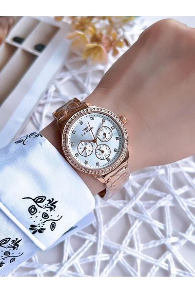 FERRO Rose Gold Women's Wristwatch - 3 Atm Steel Cord, Internal Functions Active BFM21077AWT-C