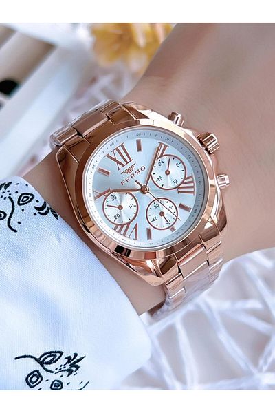 FERRO Rose Gold 3 Atm Women's Steel Cord Wristwatch - Inner Functions Active BFL21259AWT-C