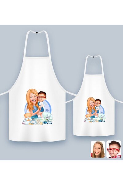 Bk Gift Kişiye Özel İkili Anne Oğul Karikatürlü Mutfak Önlüğü Seti, Anneye He...