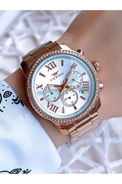 FERRO Rose Gold 3 Atm Women's Steel Band Wristwatch - Interior Functions Active BFM41107AWT-C