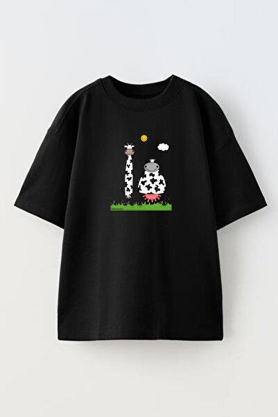 NMG TEKSTİL تي شيرت أسود كبير الحجم مطبوع عليه بقرة - محبوك من الدلماسي