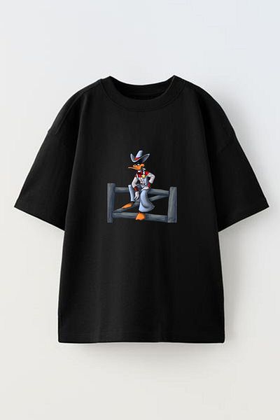 NMG TEKSTİL Μαύρο Oversize Duffyduck εμπριμέ βαμβακερό μπλουζάκι - Unisex