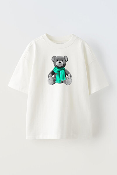 NMG TEKSTİL تي شيرت قطني كبير الحجم مطبوع عليه دمية دب باللون الأبيض والرمادي...