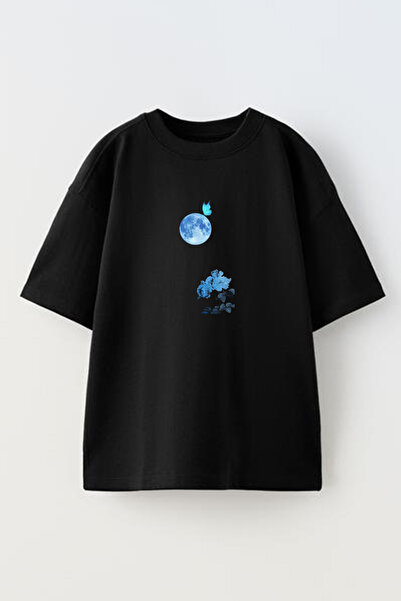 NMG TEKSTİL Μαύρο Oversize Βαμβακερό - Μπλουζάκι Unisex με στάμπα Moon Flower