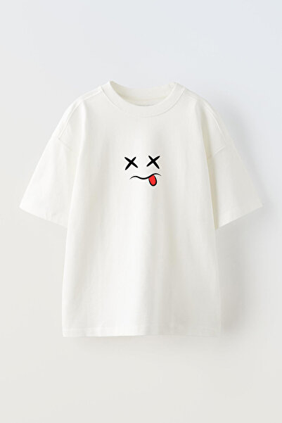 NMG TEKSTİL تي شيرت قطني أبيض كبير الحجم - مطبوع عليه لسان العين، للجنسين