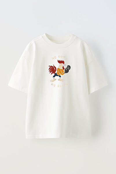 NMG TEKSTİL Λευκό Oversize Βαμβακερό - Μπλουζάκι Unisex με στάμπα κόκορα