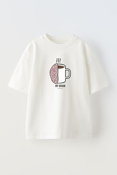 NMG TEKSTİL Tricou oversize alb unisex din bumbac cu imprimeu My Brain Coffee