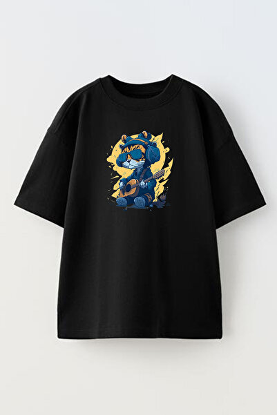 NMG TEKSTİL تي شيرت أسود كبير الحجم من القطن - مطبوع عليه قطة جيتار للجنسين