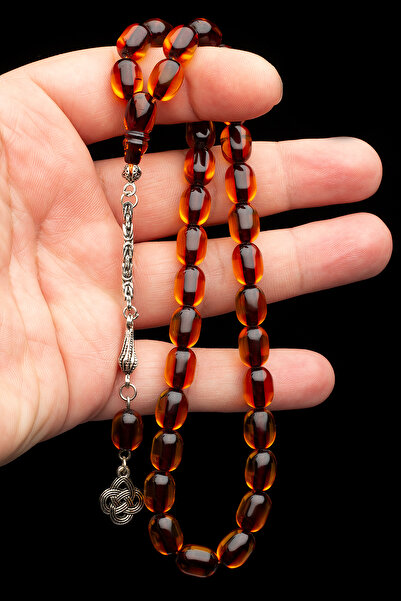 OTTOTESBİH Χάντρες προσευχής με φούντες από κεχριμπαρένιο φωτιά με ασημένια επίστρωση