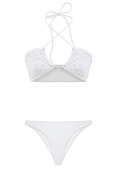 AQUELLA Λευκό Halter Bikini - Shiny Stone Detailed Gipeli Suit