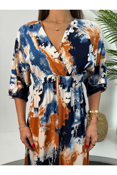 Elif Özbey Butik Rochie batik albastru cu maneca liliac